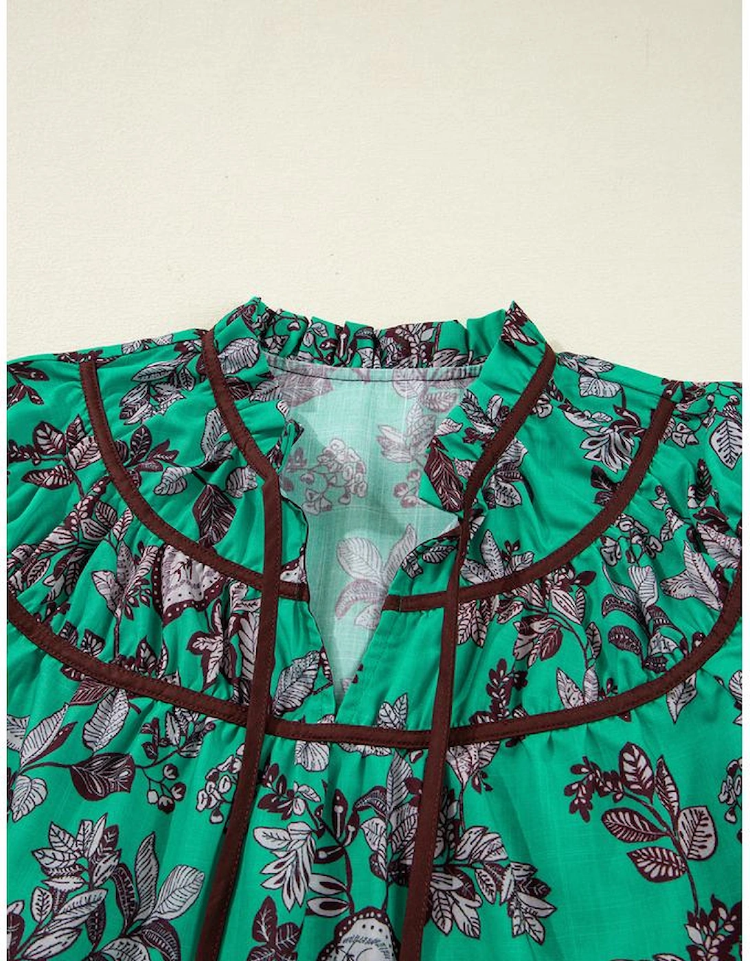 Green Leaves Print Contrast Trim V Neck Shirred Puff Sleeve Blouse