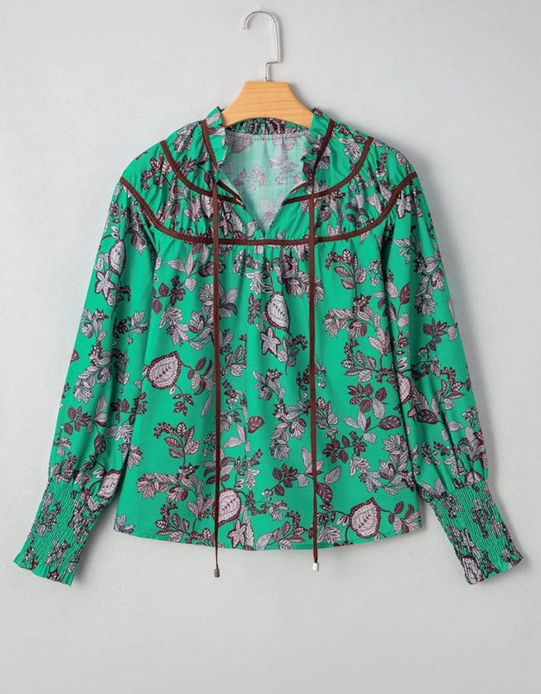 Green Leaves Print Contrast Trim V Neck Shirred Puff Sleeve Blouse