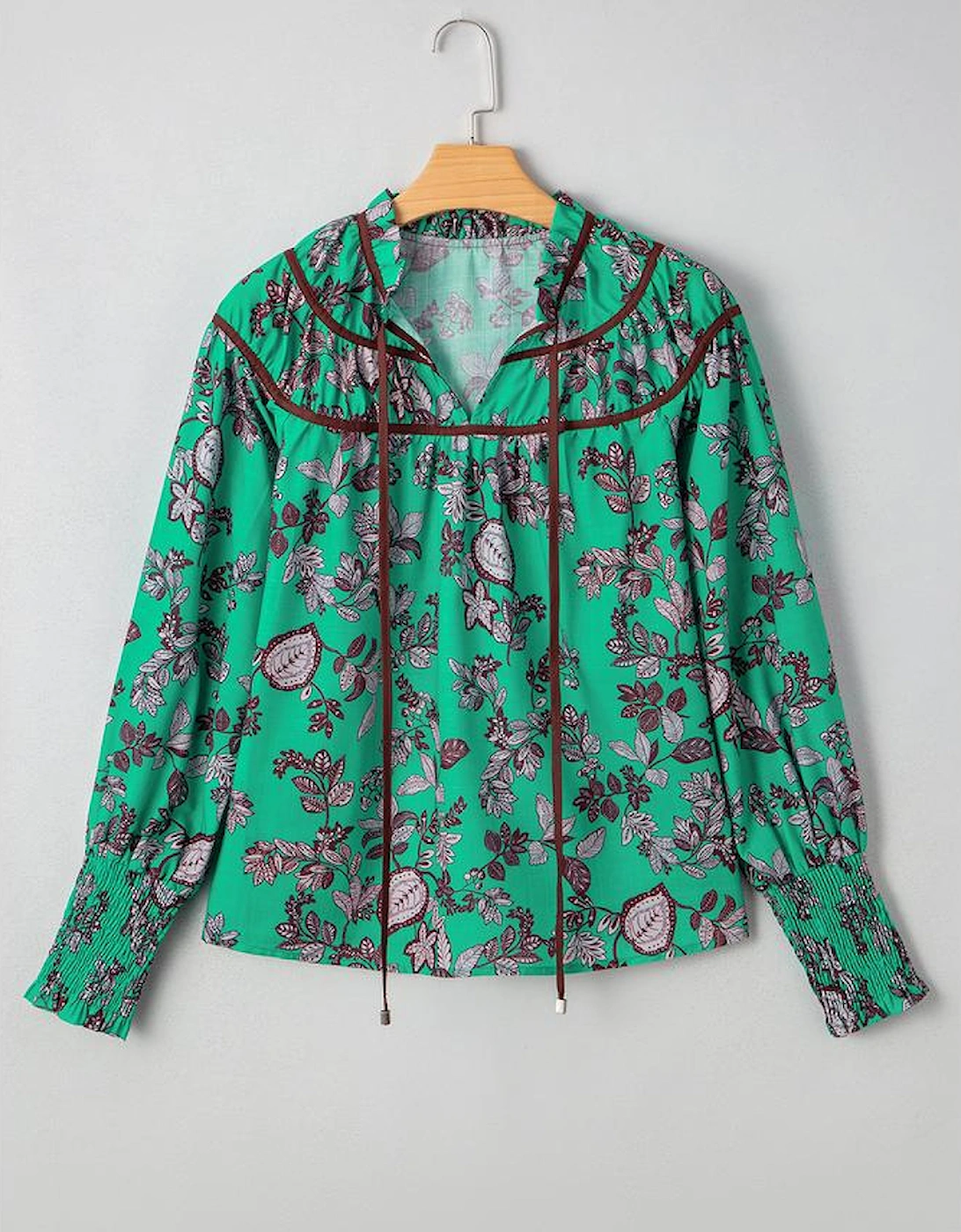 Green Leaves Print Contrast Trim V Neck Shirred Puff Sleeve Blouse