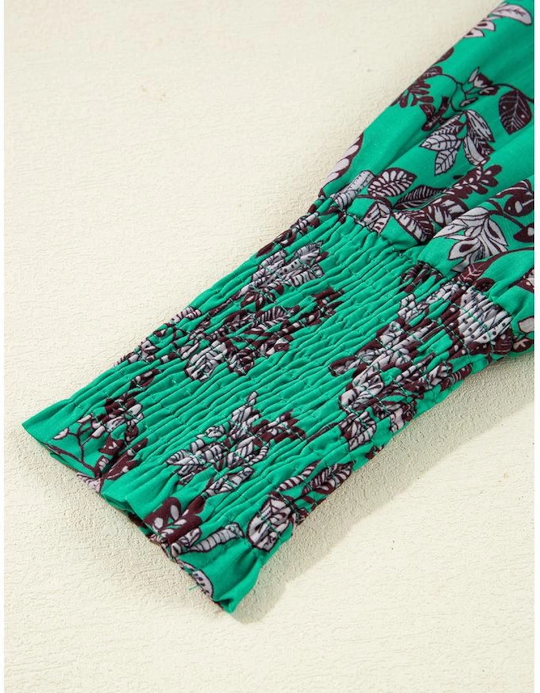 Green Leaves Print Contrast Trim V Neck Shirred Puff Sleeve Blouse