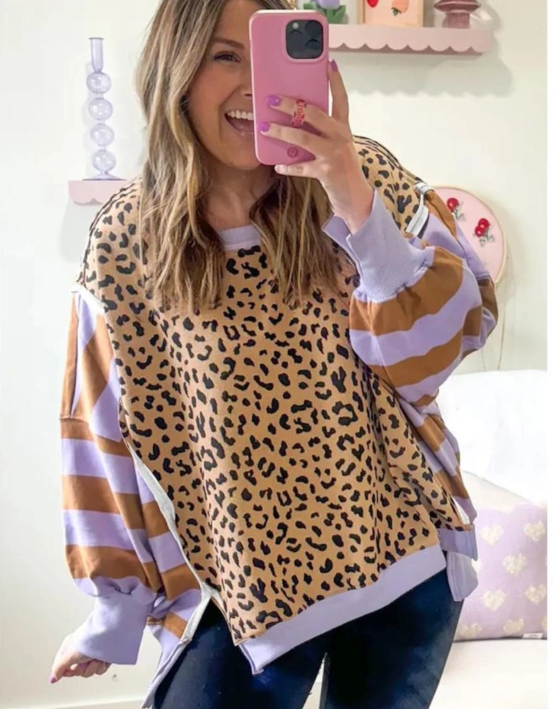 Purple Stripe Color Block Patchwork Leopard Casual Sweatshirt with Slits