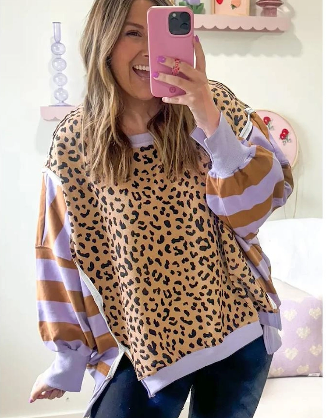 Purple Stripe Color Block Patchwork Leopard Casual Sweatshirt with Slits
