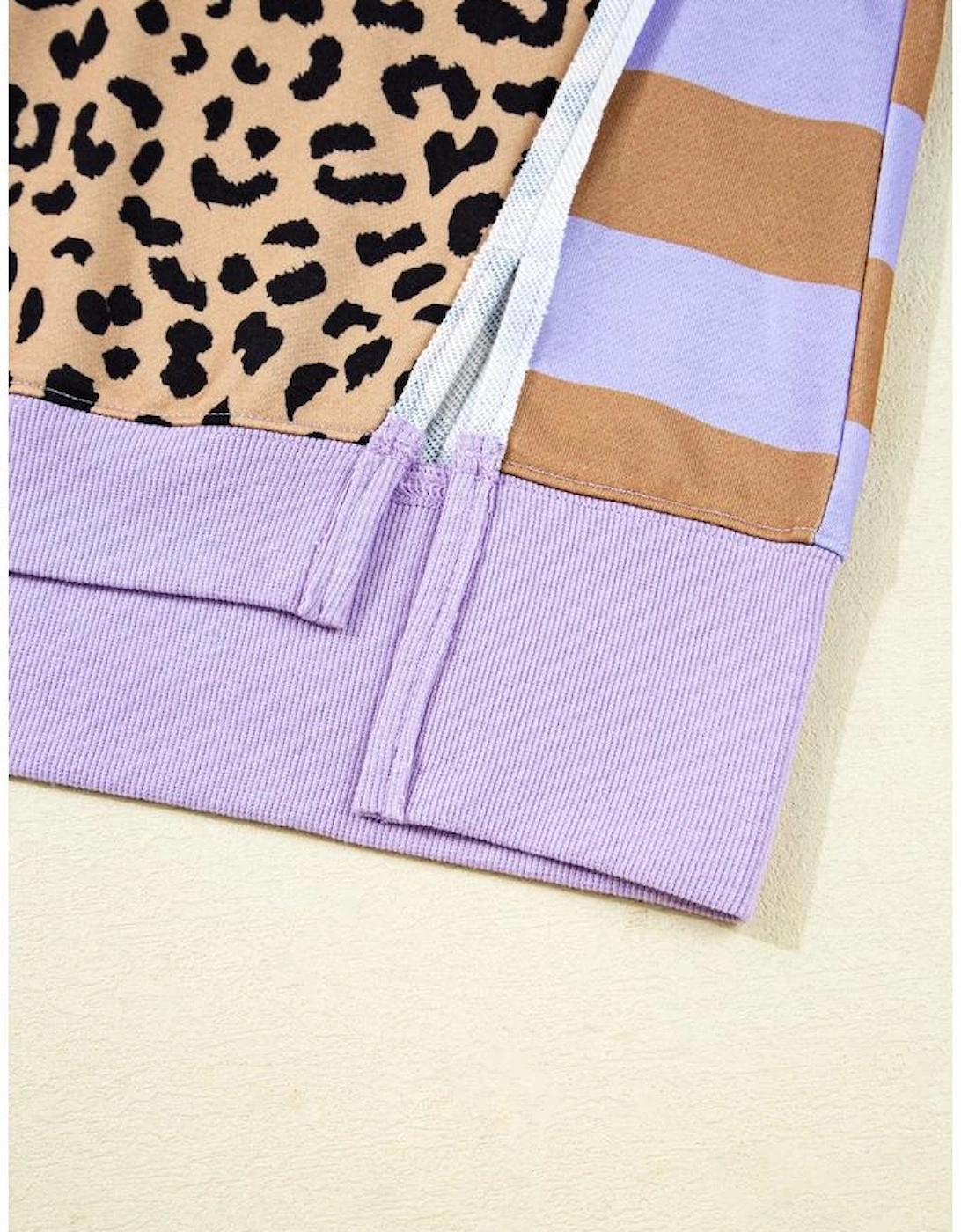 Purple Stripe Color Block Patchwork Leopard Casual Sweatshirt with Slits