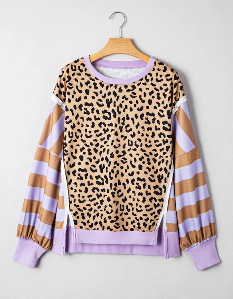 Purple Stripe Color Block Patchwork Leopard Casual Sweatshirt with Slits