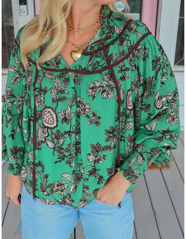 Green Leaves Print Contrast Trim V Neck Shirred Puff Sleeve Blouse