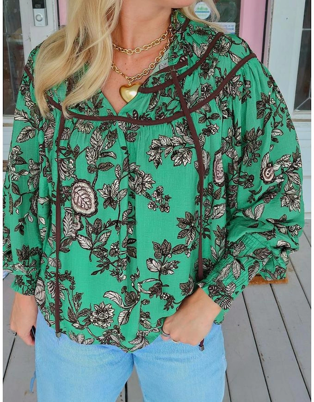 Green Leaves Print Contrast Trim V Neck Shirred Puff Sleeve Blouse