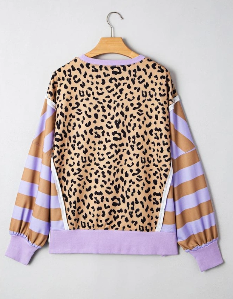 Purple Stripe Color Block Patchwork Leopard Casual Sweatshirt with Slits