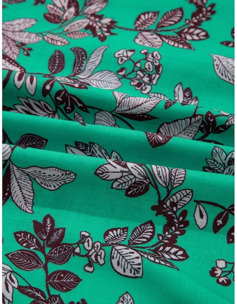 Green Leaves Print Contrast Trim V Neck Shirred Puff Sleeve Blouse