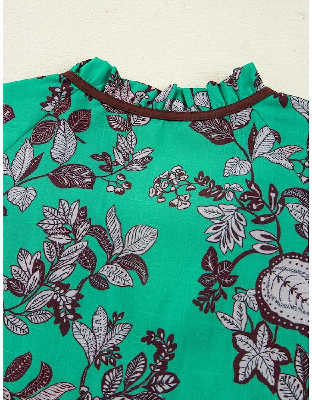 Green Leaves Print Contrast Trim V Neck Shirred Puff Sleeve Blouse
