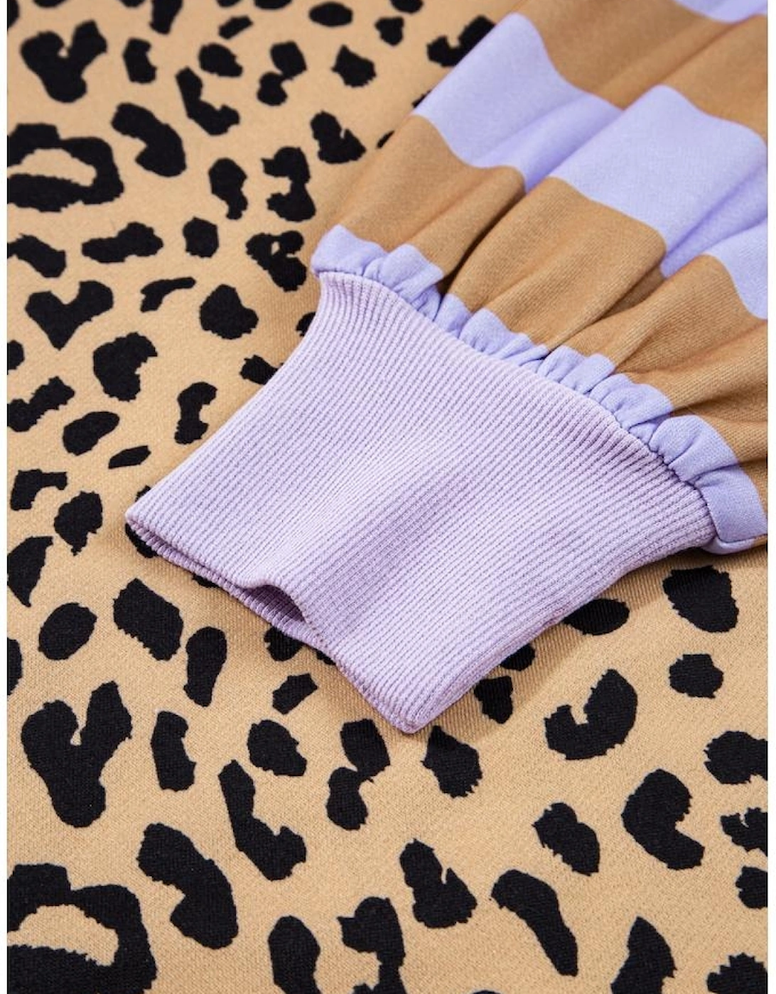 Purple Stripe Color Block Patchwork Leopard Casual Sweatshirt with Slits
