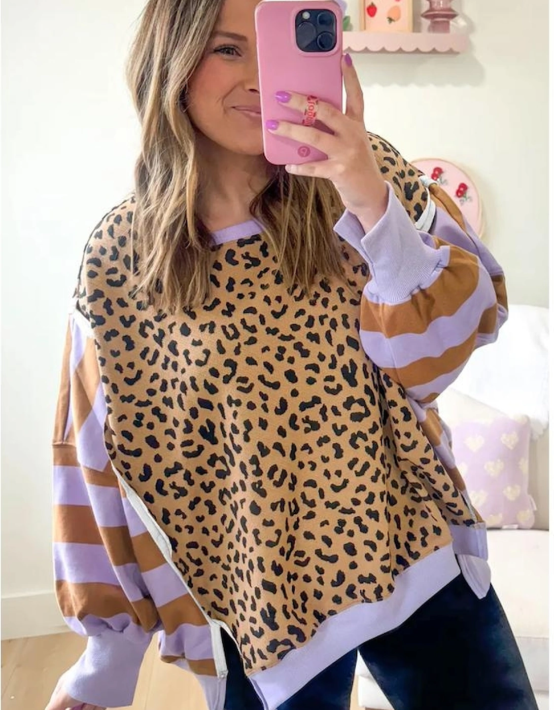 Purple Stripe Color Block Patchwork Leopard Casual Sweatshirt with Slits