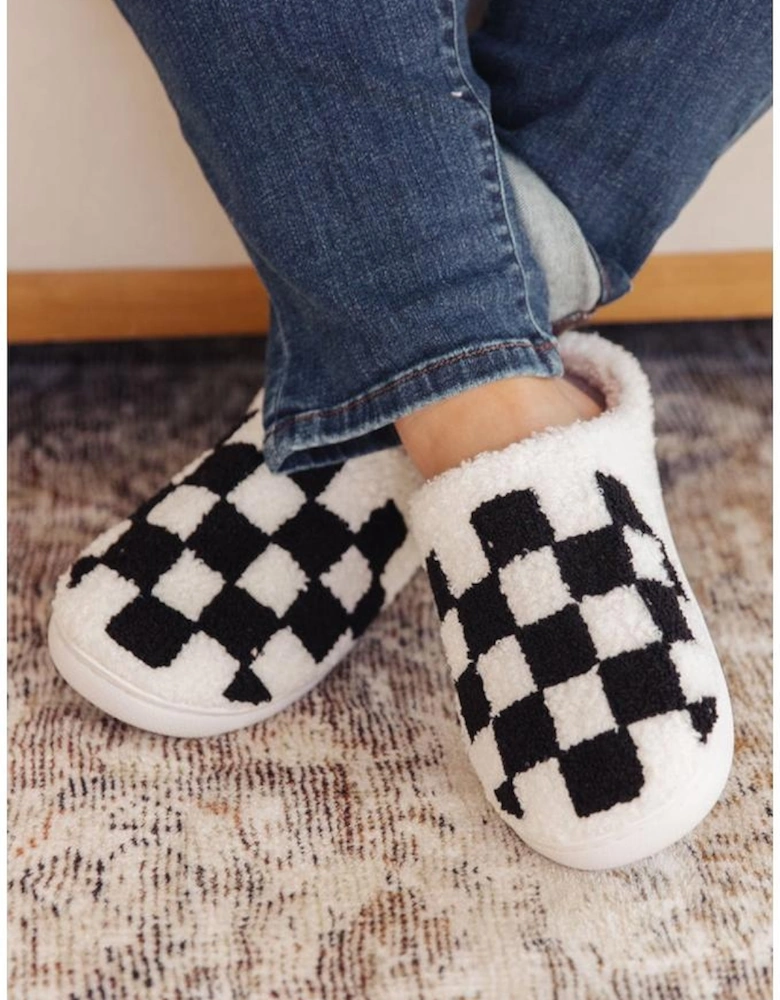 Black Checkered Print Fuzzy Slip On Winter Slippers