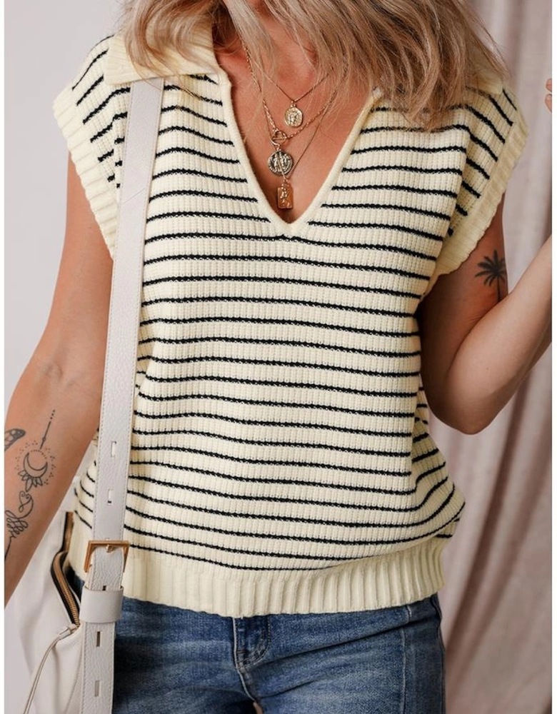 Beige Stripe Turn-down V Neck Sweater Tank Top