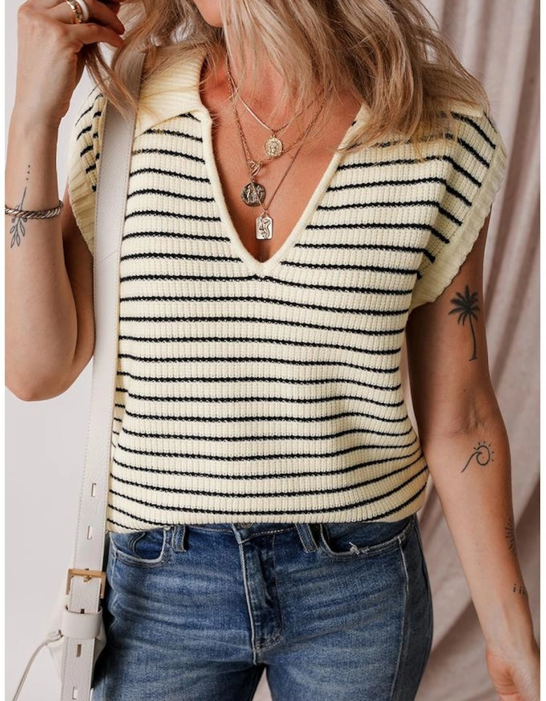 Beige Stripe Turn-down V Neck Sweater Tank Top