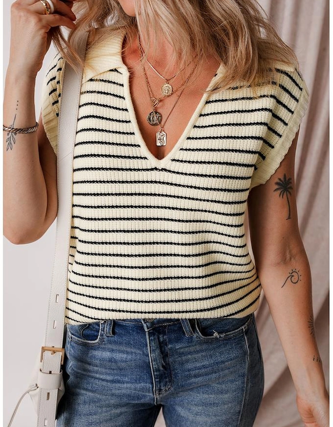 Beige Stripe Turn-down V Neck Sweater Tank Top