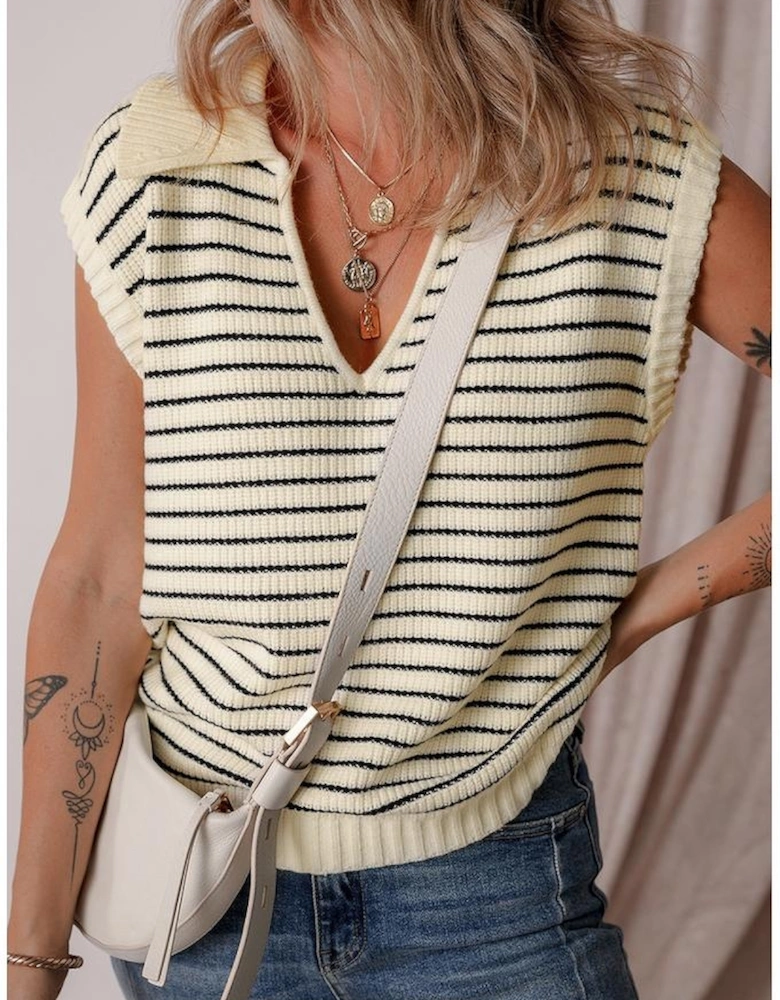 Beige Stripe Turn-down V Neck Sweater Tank Top