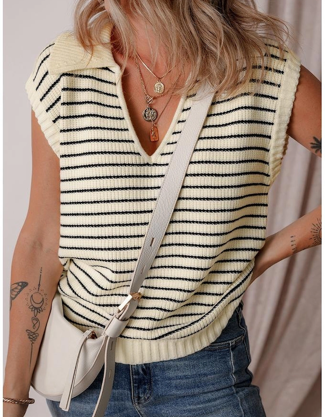 Beige Stripe Turn-down V Neck Sweater Tank Top, 13 of 12