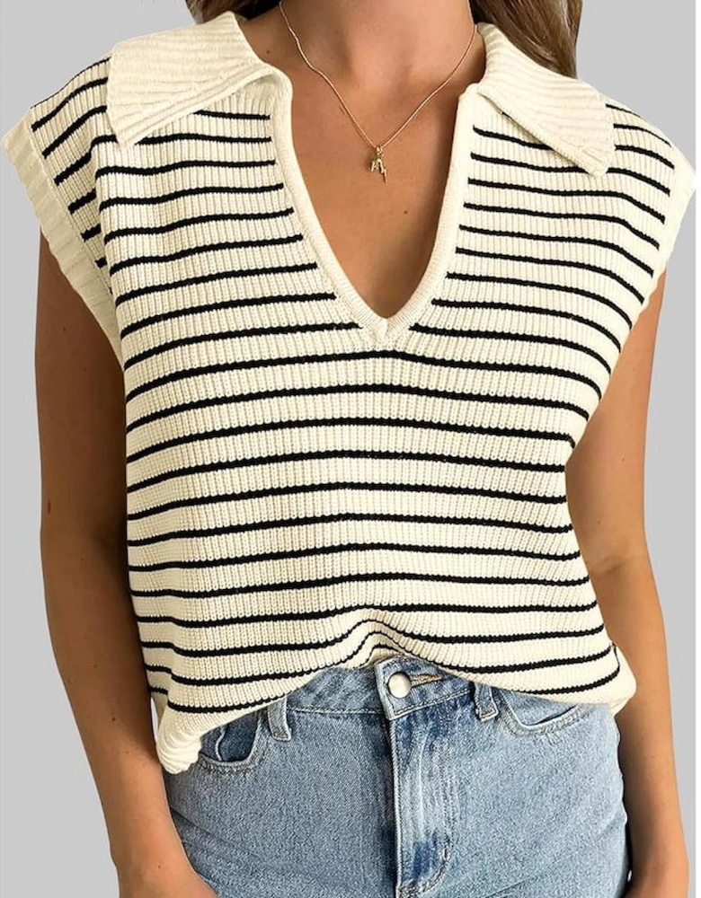 Beige Stripe Turn-down V Neck Sweater Tank Top