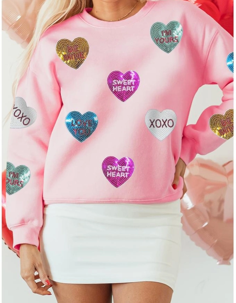 Pink Sequin Romantic Letters Heart Graphic Valentines Sweatshirt