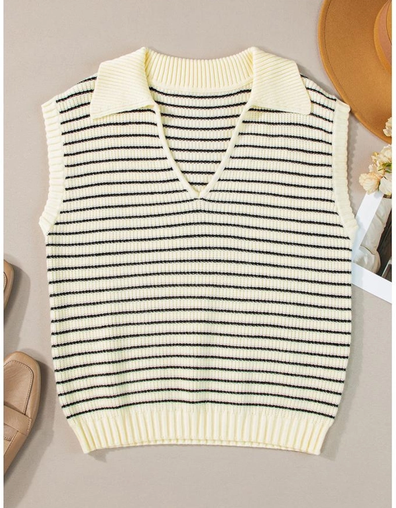 Beige Stripe Turn-down V Neck Sweater Tank Top