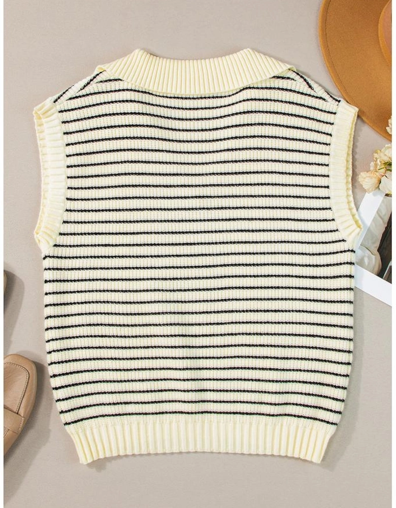 Beige Stripe Turn-down V Neck Sweater Tank Top