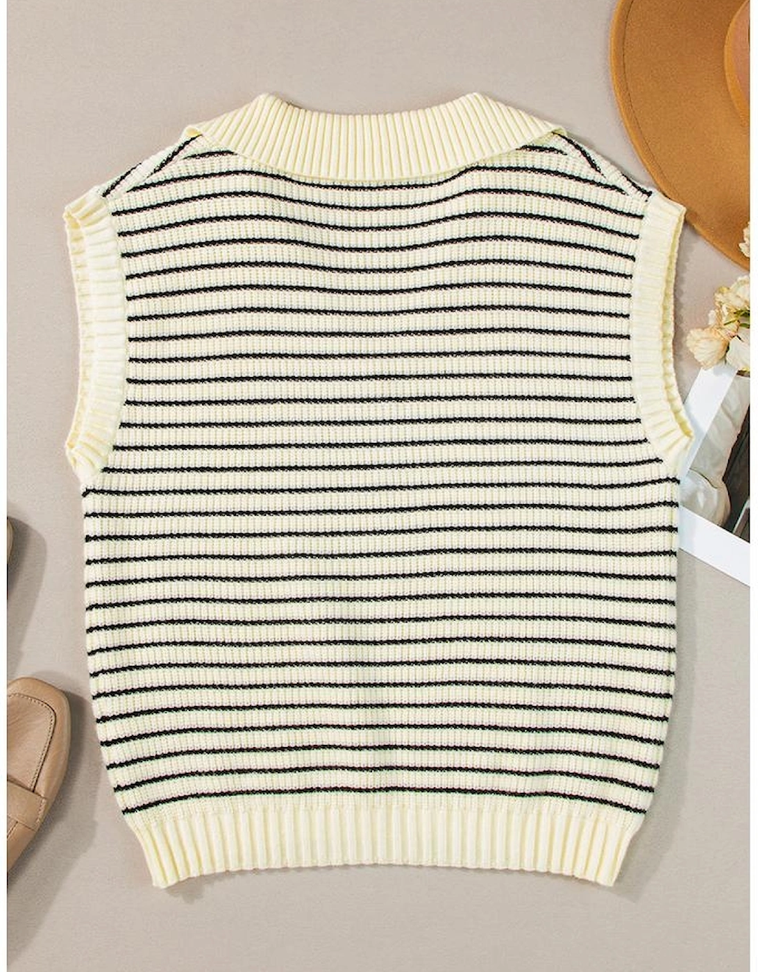 Beige Stripe Turn-down V Neck Sweater Tank Top