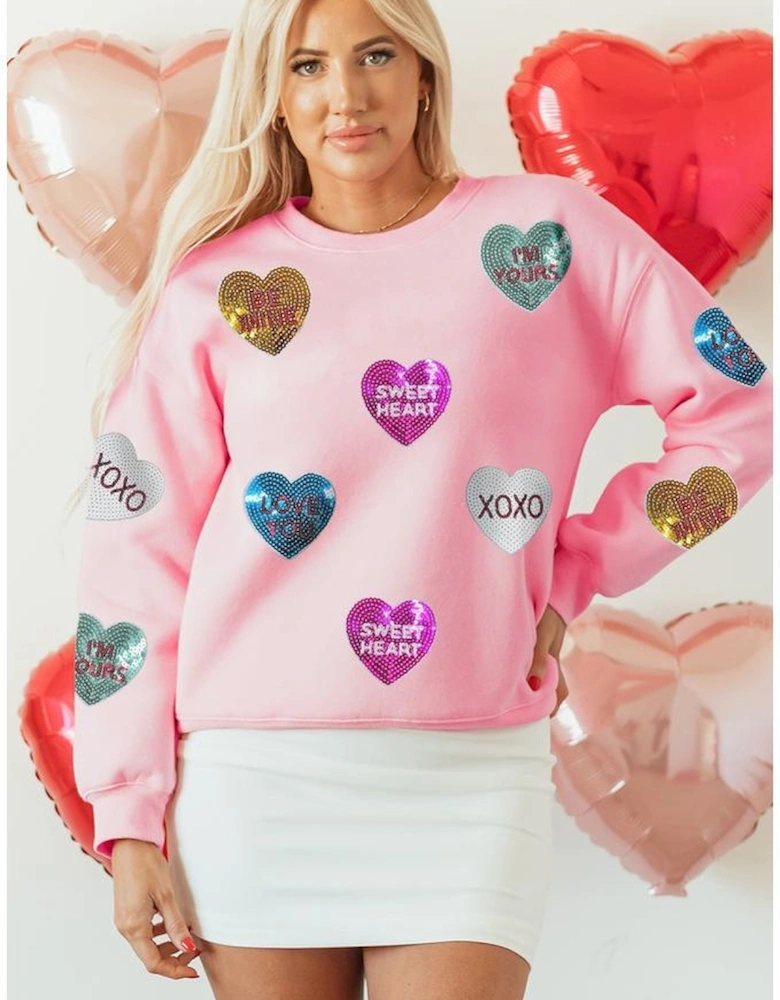 Pink Sequin Romantic Letters Heart Graphic Valentines Sweatshirt