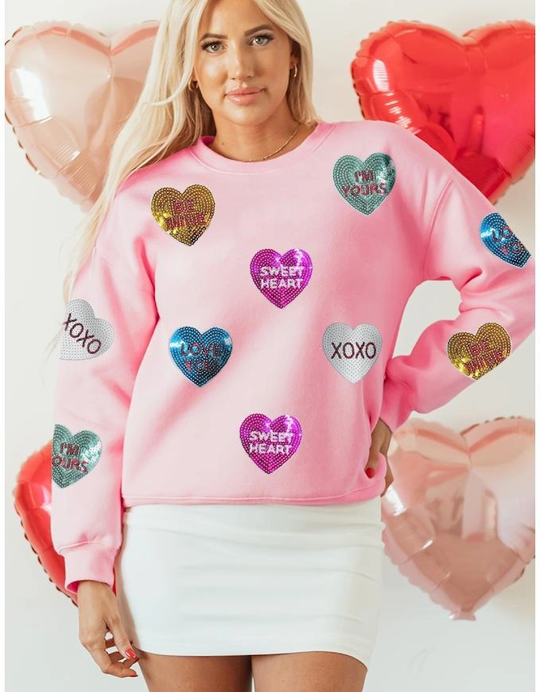 Pink Sequin Romantic Letters Heart Graphic Valentines Sweatshirt