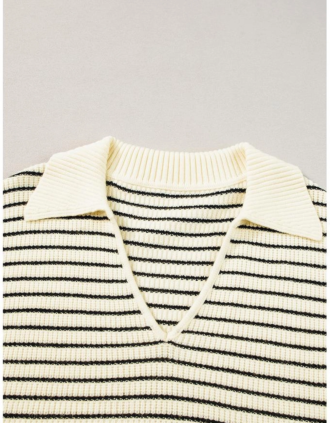Beige Stripe Turn-down V Neck Sweater Tank Top