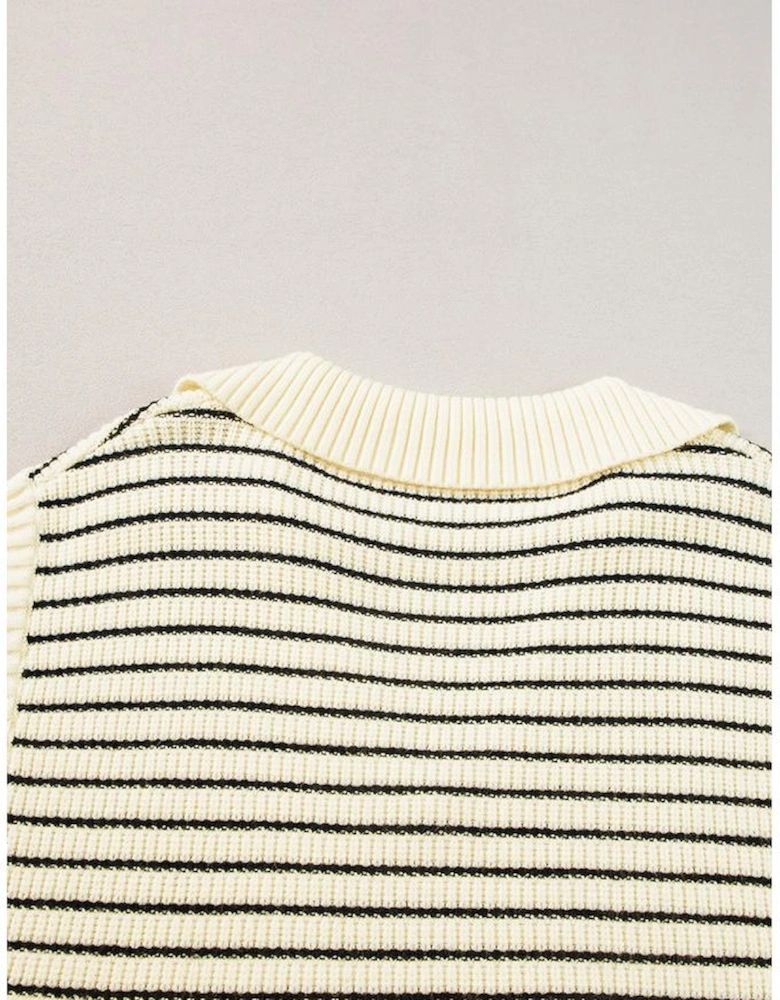 Beige Stripe Turn-down V Neck Sweater Tank Top