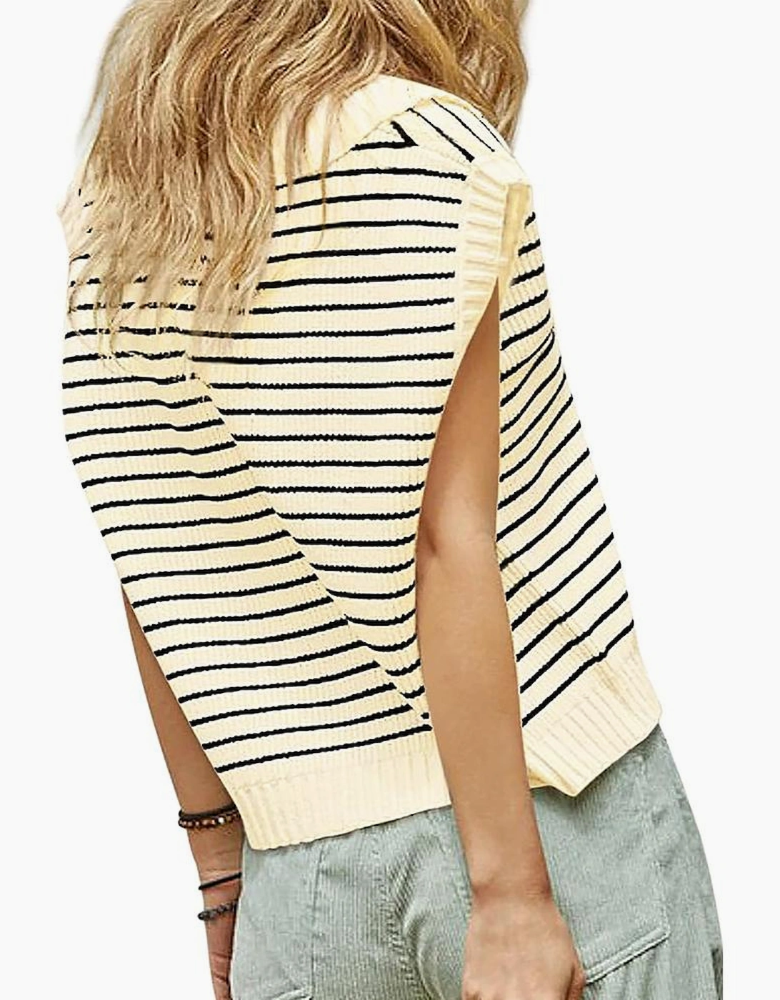 Beige Stripe Turn-down V Neck Sweater Tank Top