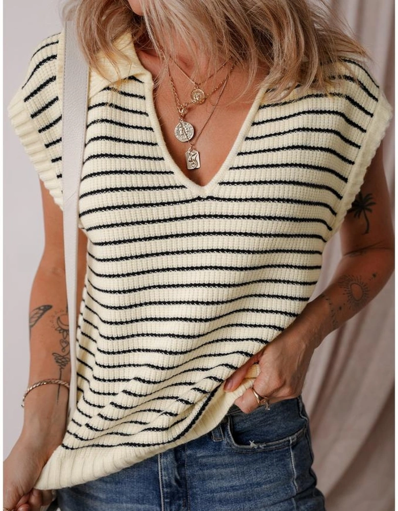 Beige Stripe Turn-down V Neck Sweater Tank Top