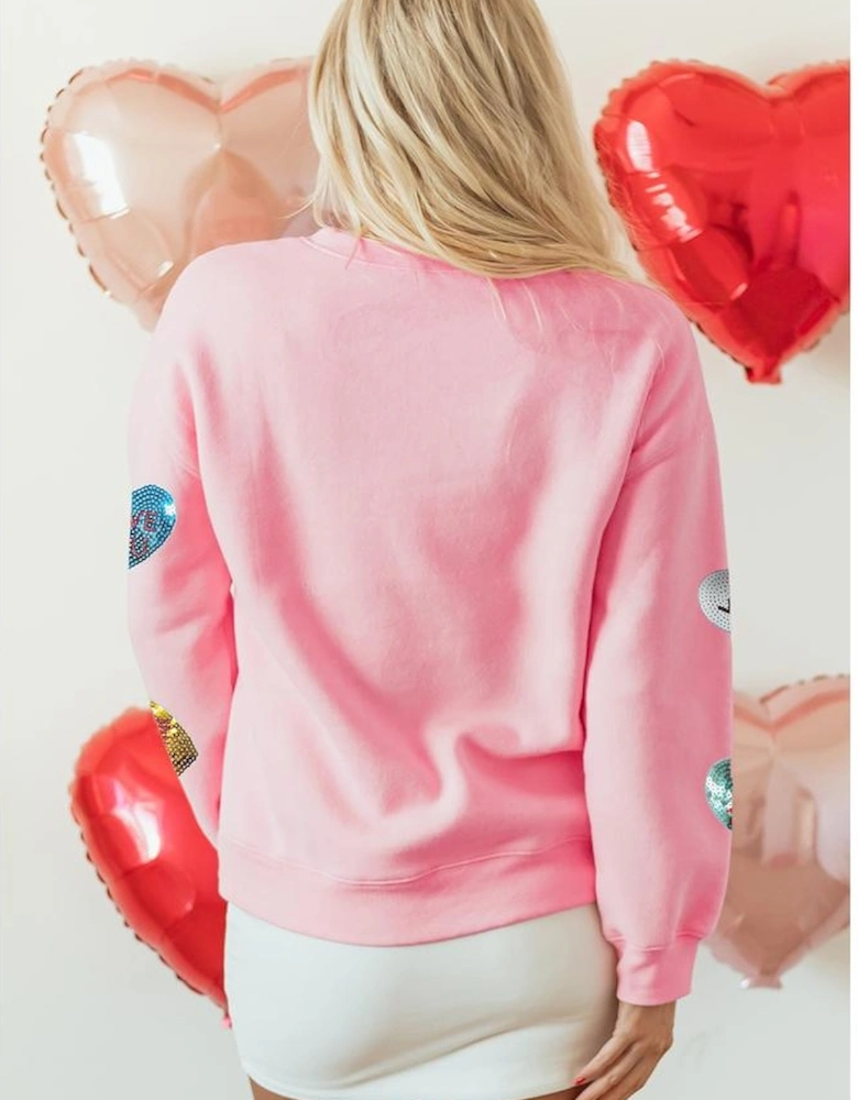 Pink Sequin Romantic Letters Heart Graphic Valentines Sweatshirt
