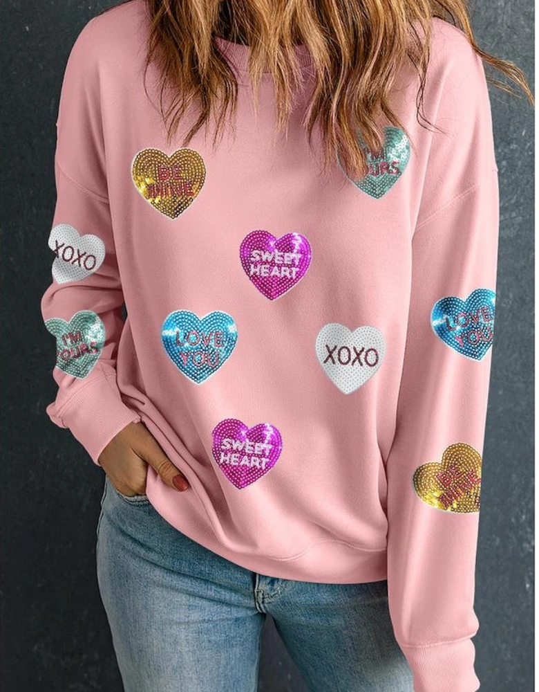 Pink Sequin Romantic Letters Heart Graphic Valentines Sweatshirt