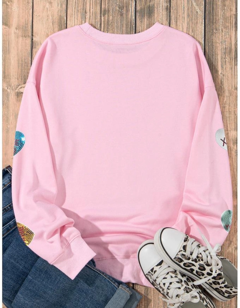 Pink Sequin Romantic Letters Heart Graphic Valentines Sweatshirt