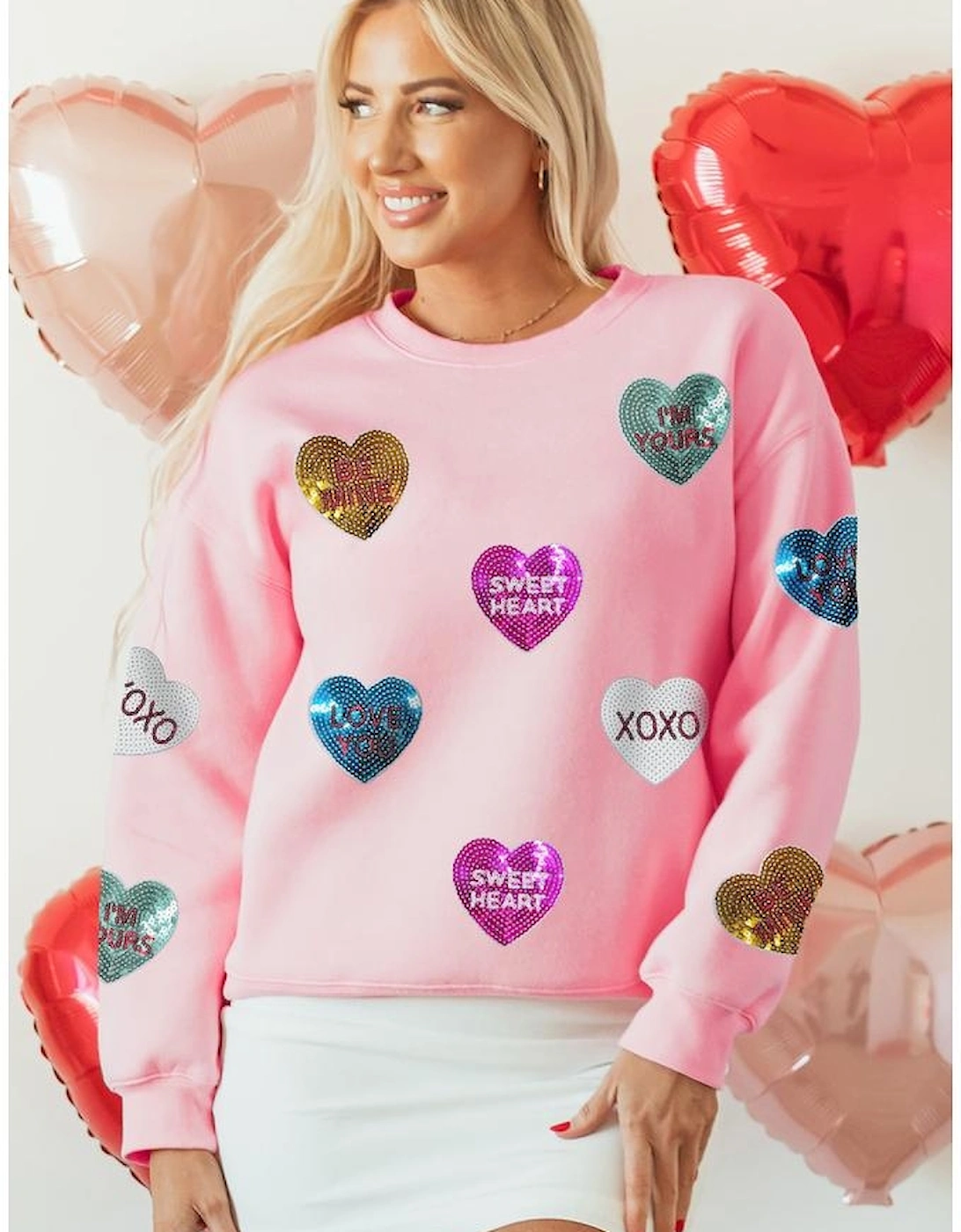 Pink Sequin Romantic Letters Heart Graphic Valentines Sweatshirt