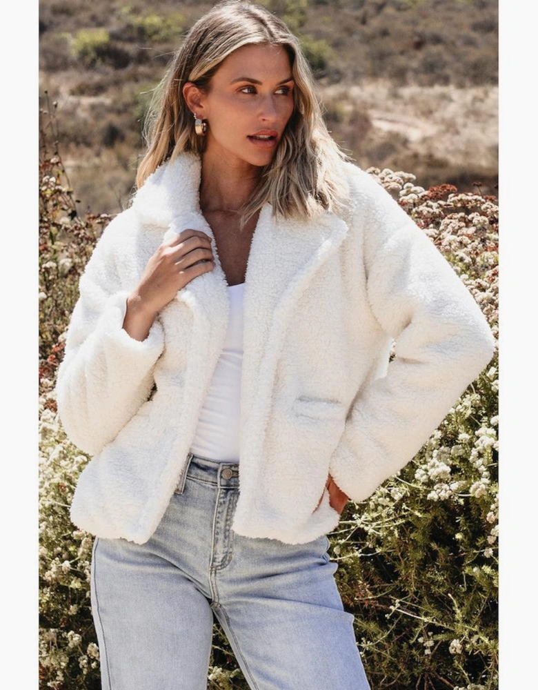 Beige Faux Fur Button Pocketed Lapel Collar Jacket