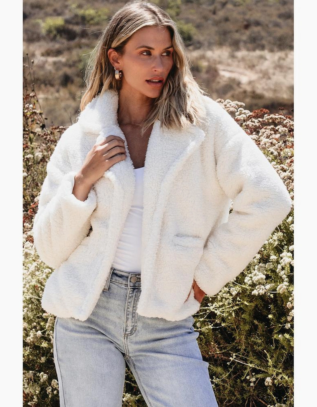 Beige Faux Fur Button Pocketed Lapel Collar Jacket