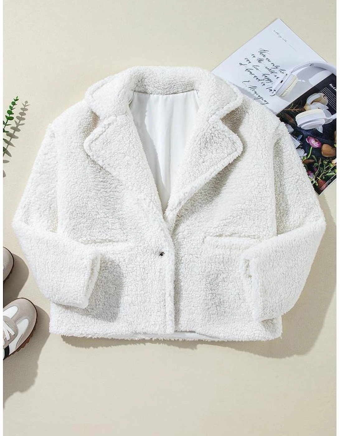 Beige Faux Fur Button Pocketed Lapel Collar Jacket