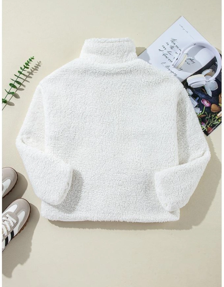 Beige Faux Fur Button Pocketed Lapel Collar Jacket