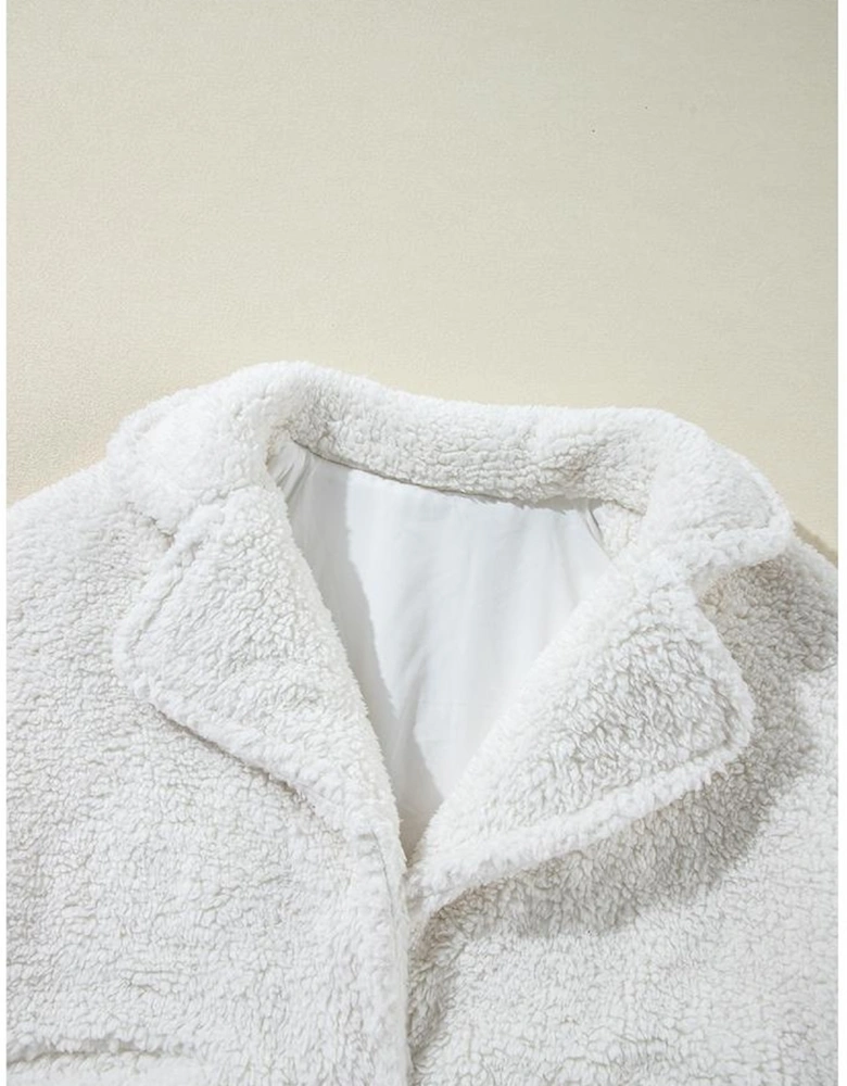 Beige Faux Fur Button Pocketed Lapel Collar Jacket