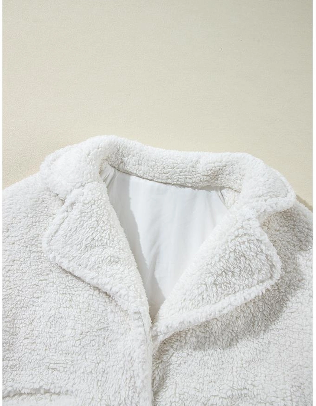 Beige Faux Fur Button Pocketed Lapel Collar Jacket