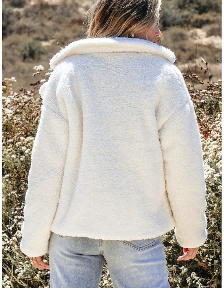 Beige Faux Fur Button Pocketed Lapel Collar Jacket