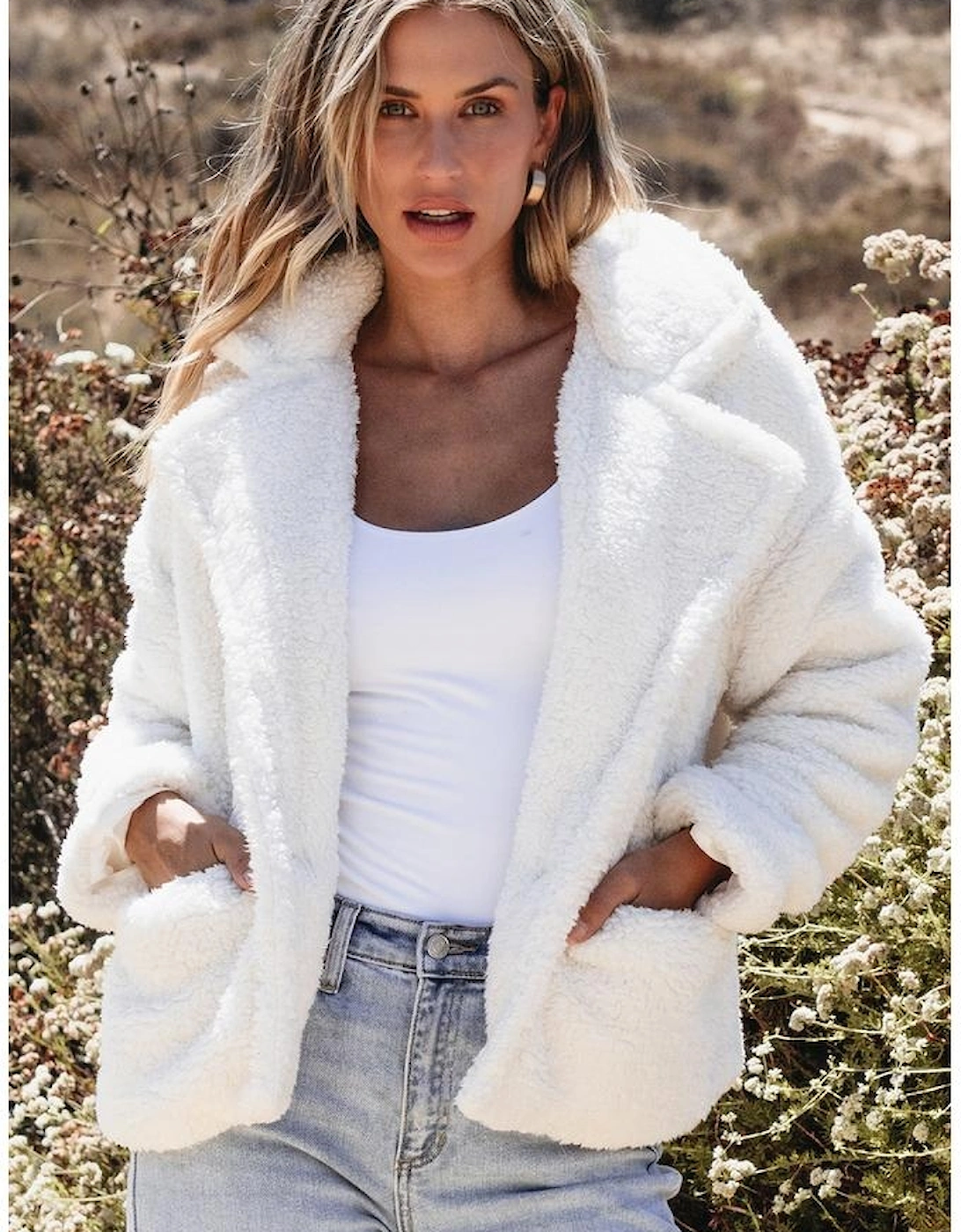 Beige Faux Fur Button Pocketed Lapel Collar Jacket, 12 of 11