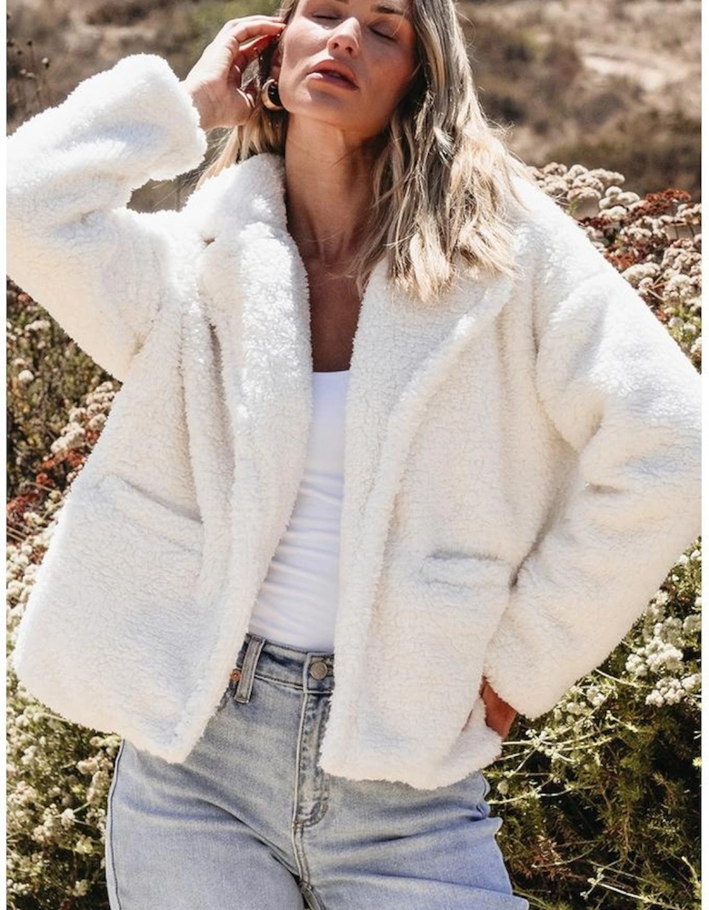 Beige Faux Fur Button Pocketed Lapel Collar Jacket