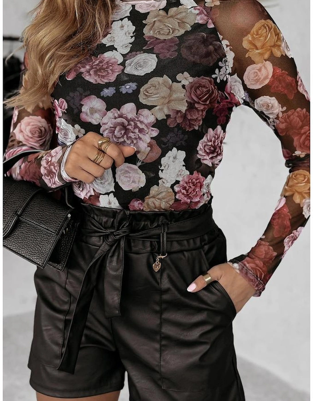 Pink Mesh Floral Print Mock Neck Long Sleeve Slim Top