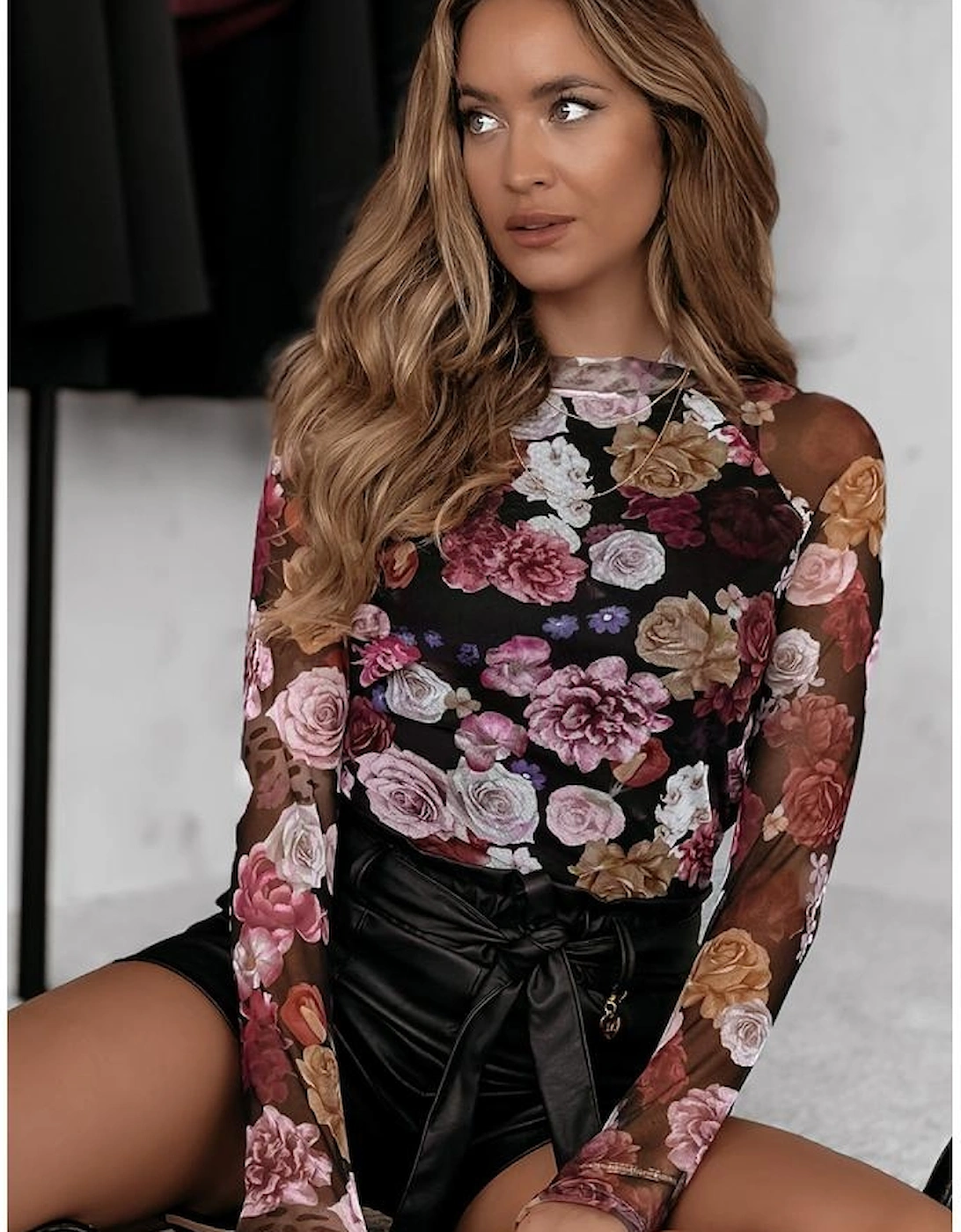 Pink Mesh Floral Print Mock Neck Long Sleeve Slim Top