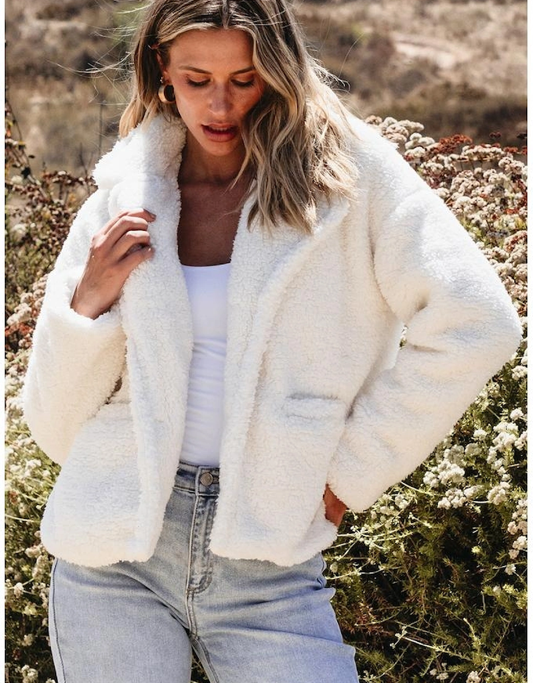 Beige Faux Fur Button Pocketed Lapel Collar Jacket