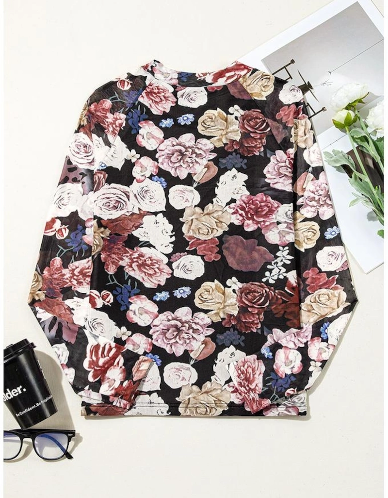 Pink Mesh Floral Print Mock Neck Long Sleeve Slim Top