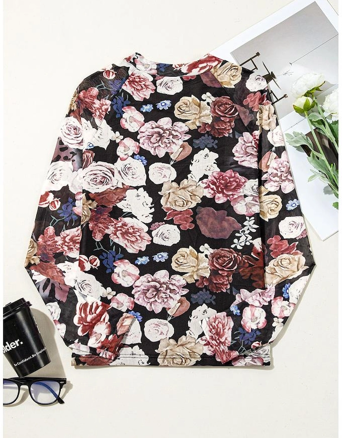 Pink Mesh Floral Print Mock Neck Long Sleeve Slim Top